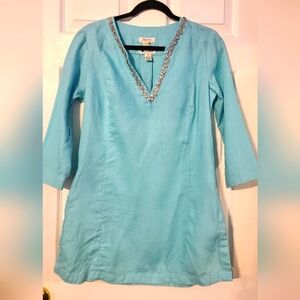 Malvin Blue Jewel Embellished Linen Tunic size 8 M